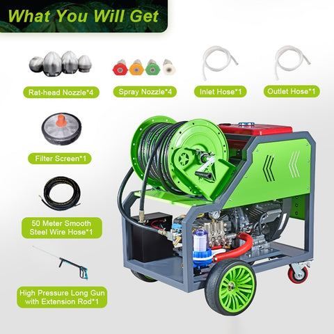 2900PSI 27HP Powerful Dual-Cylinder Diesel Pipe Dredging Machine Drain Pipe Cleaner Machine Sewer Jet Machine