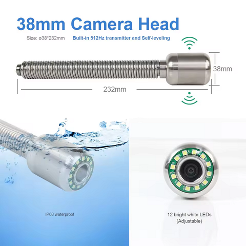 Free Locator with Cuda Cam 38mm self leveling camera head with pan & tilt option and IP68 waterproof sewer camera with 512HZ transmitter and self leveling camea head.