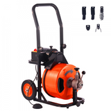 MPE Drain Cleaner Machine 100 FT x 1/2 Inch, Sewer Auger Auto Feed with 4 Cutter & Air-activated Foot Switch for 1" to 4" Pipes, Orange, Black