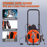 MPE Drain Cleaner Machine 100 FT x 1/2 Inch, Sewer Auger Auto Feed with 4 Cutter & Air-activated Foot Switch for 1" to 4" Pipes, Orange, Black