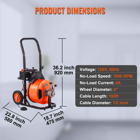 MPE Drain Cleaner Machine 100 FT x 1/2 Inch, Sewer Auger Auto Feed with 4 Cutter & Air-activated Foot Switch for 1" to 4" Pipes, Orange, Black