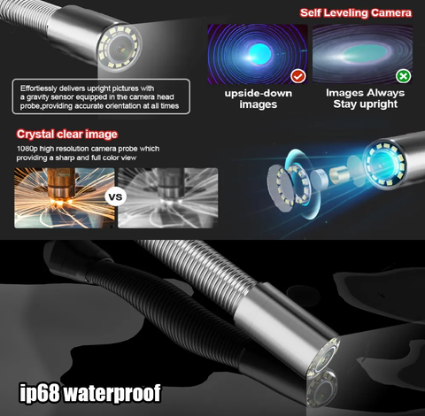 Sewer Camera with Free Locator, Self-Leveling Sewer Camera 512Hz Sonde Meter Counter, Built-in Microphone & Speaker, 1080P 10" IPS Monitor, IP68 Waterproof Pipe Inspection Camera with DVR