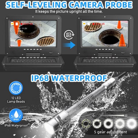 Dakota Power Tools 330ft Pipe Camera with Free Locator, 330ft Self-Leveling Pipe Camera 512Hz Sonde Meter Counter, Built-in Microphone & Speaker, 1080P 10" IPS Monitor, IP68 Waterproof Pipe Inspection Camera with DVR
